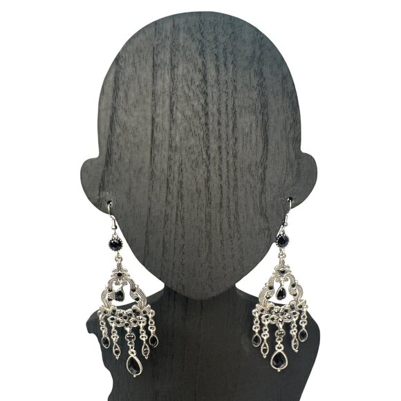 2/$24 Vintage-Style Silver Plated Black Chandelier Dangle Earrings - Picture 4 of 8